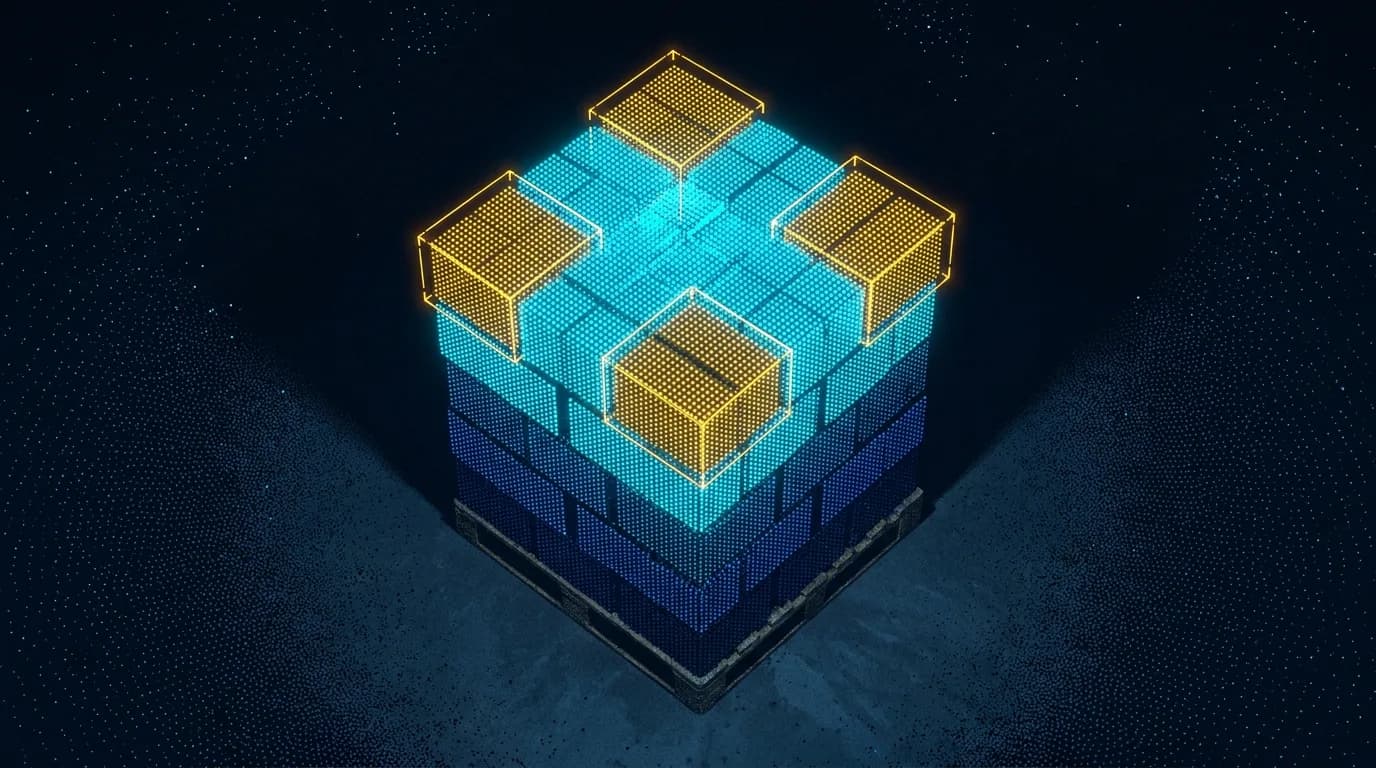 Overhead 3D scan of a stacked pallet with top-layer pick targets highlighted