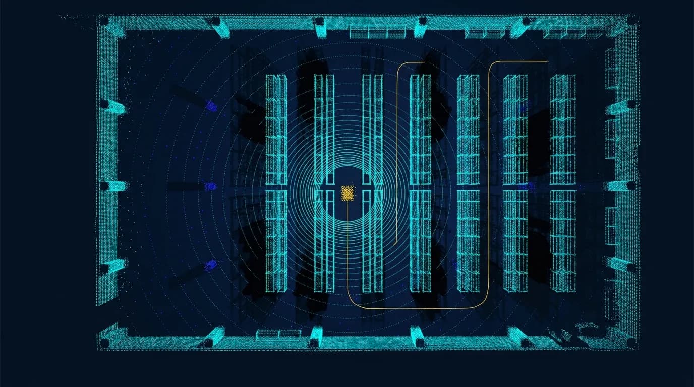 Top-down LiDAR SLAM map of a warehouse with scan rings and a robot path