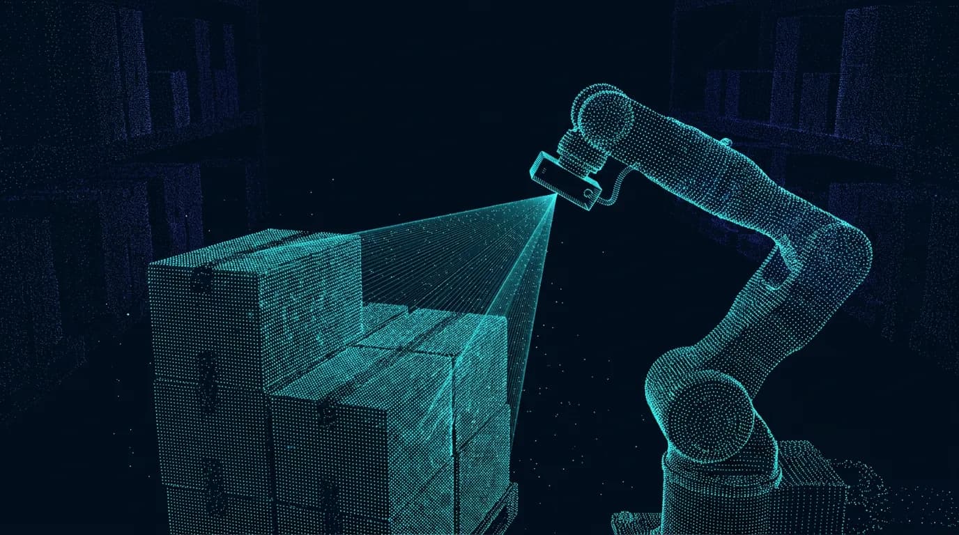 Depth camera on a robotic arm projecting a 3D point grid onto warehouse boxes
